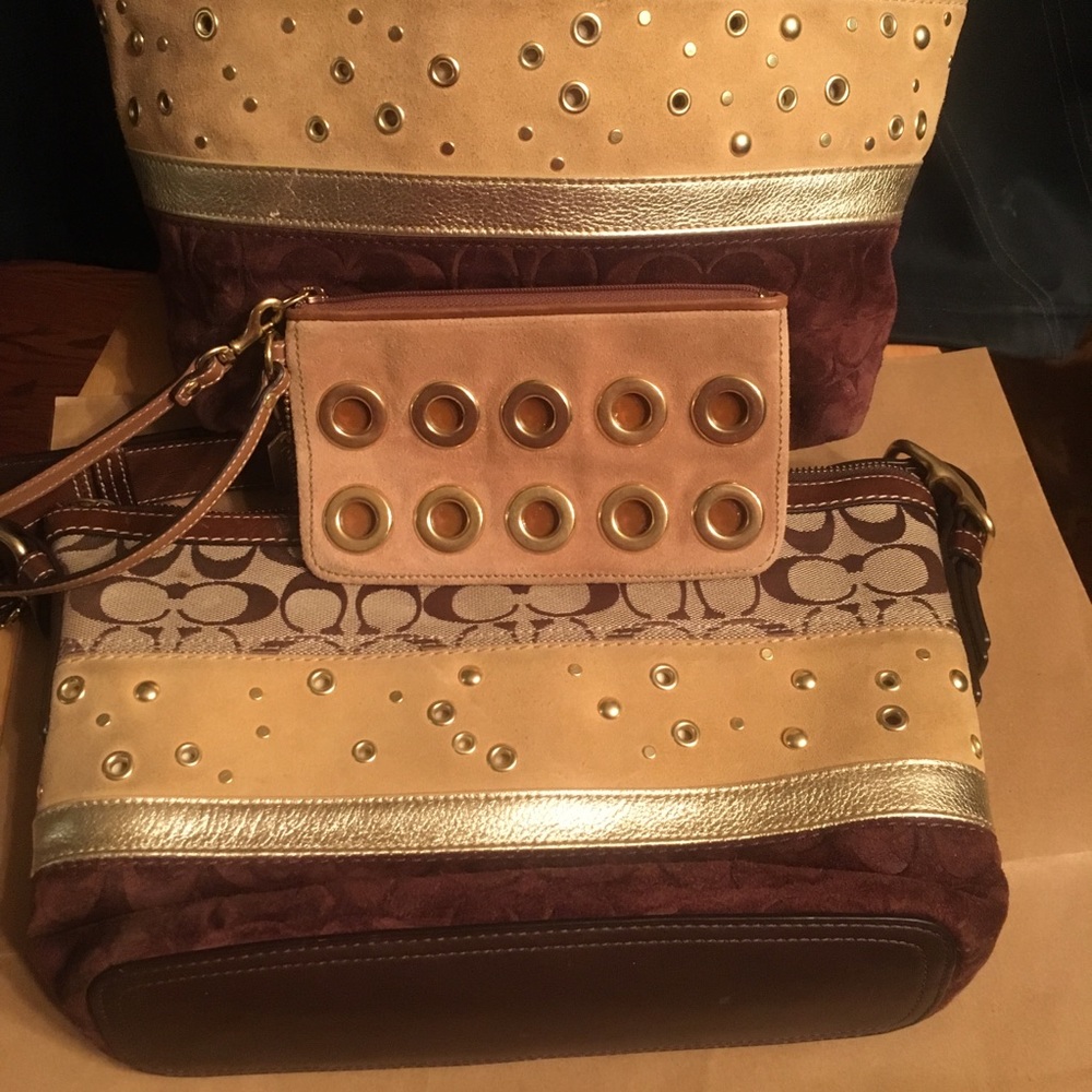 Coach Patchwork Suede Gold Grommet Tote+bag+wallet - Picture 4 of 8